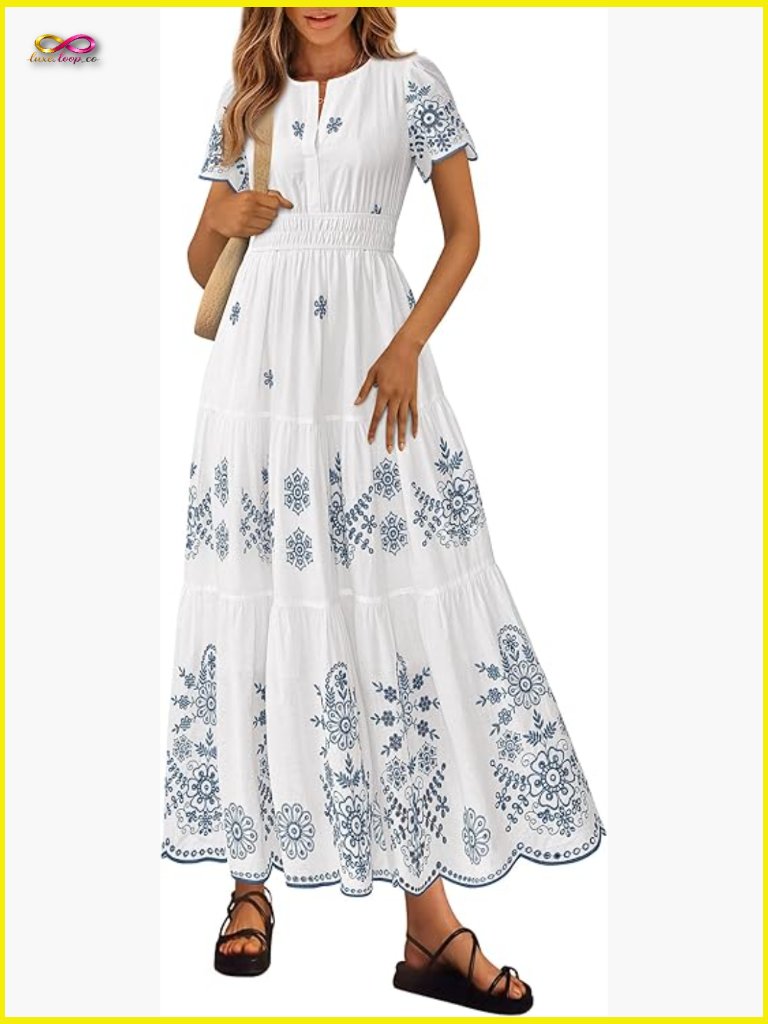 Boho Maxi Dress V Neck Short Sleeve Empire Waist Flowy Tiered Casual Summer